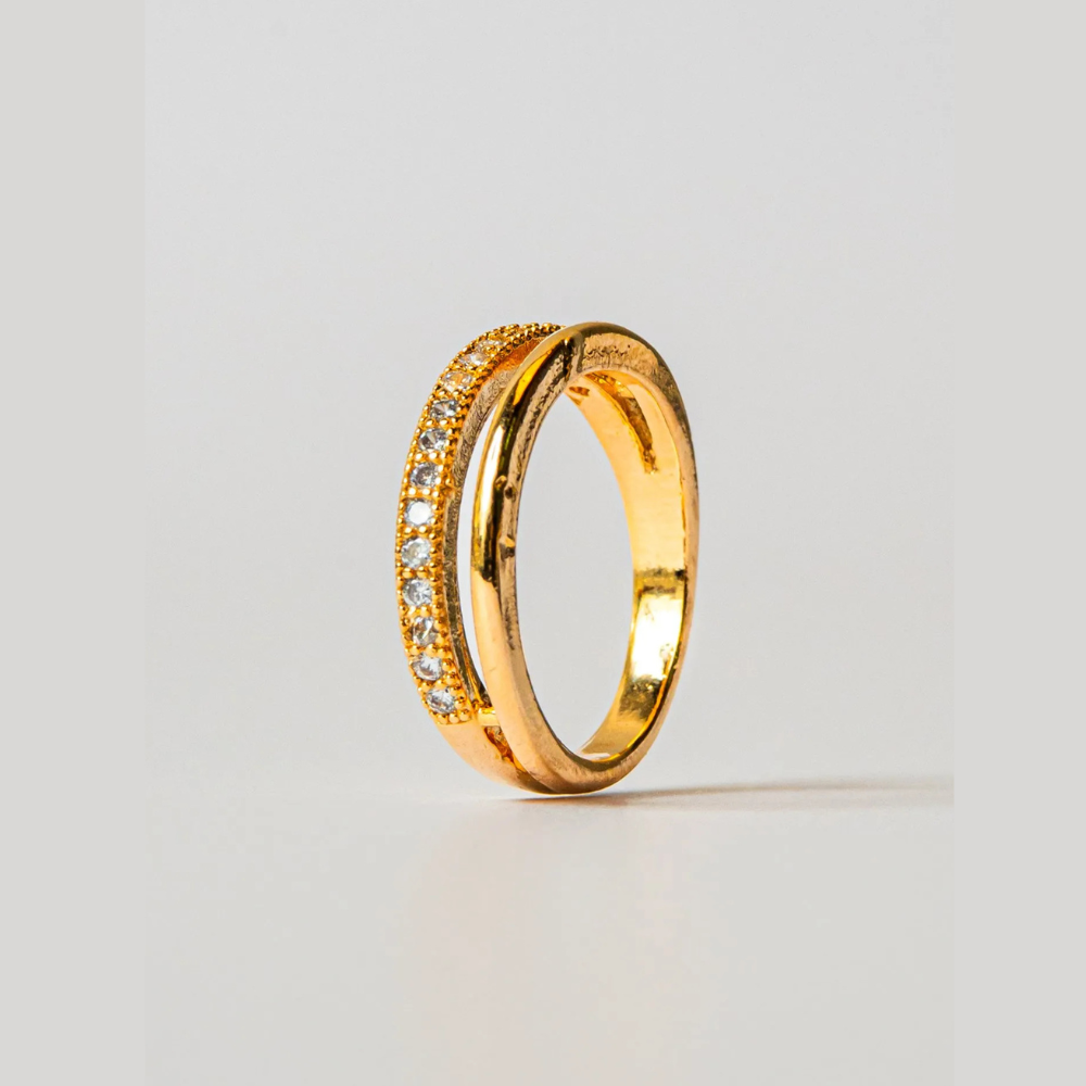 Anel Duplo com Fio Liso e Cravejado folheado em ouro 18k - Imagem 2